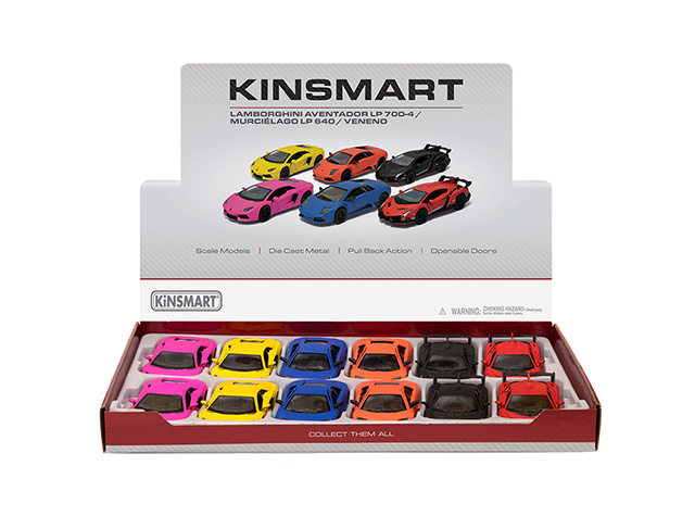 KINSMART – Lamborghini Aventador LP 700-4 / Murcielago LP 640 / Veneno – Matte Modellino 13cm c/porte apribili – c/pull-back and go In espo da 12pz (42x28cm) 6ass…x12…x48